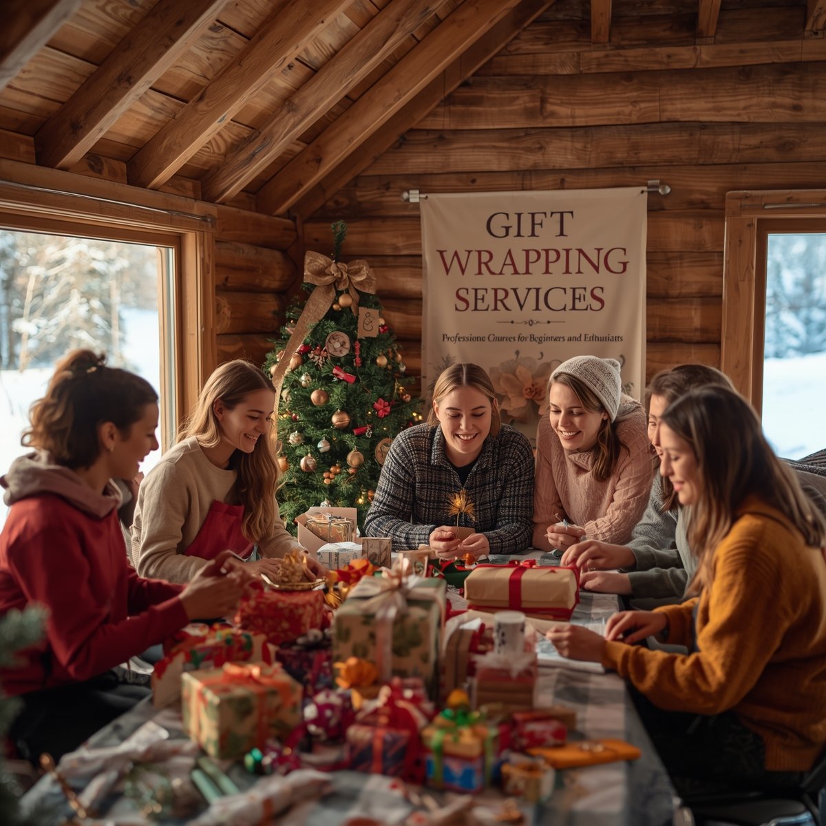 Lahjoja ja pakkausmateriaaleja valoisalla työpöydällä