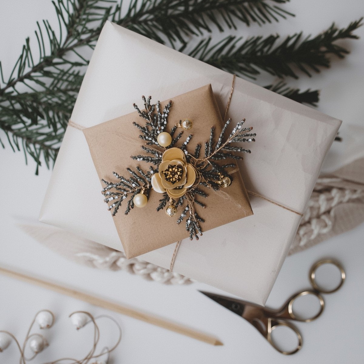 Käsintehtyjä lahjoja ja koristeita puupöydällä